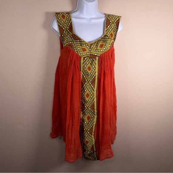 MEDIUM BOHO TRIBAL TOP WOMENS TUNIC TOP ORANGE GOLD EMBROIDERED - Picture 2 of 7
